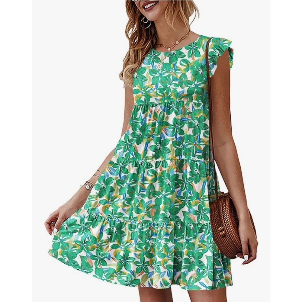Green Floral Sleeveless Mini Baby Doll Dress